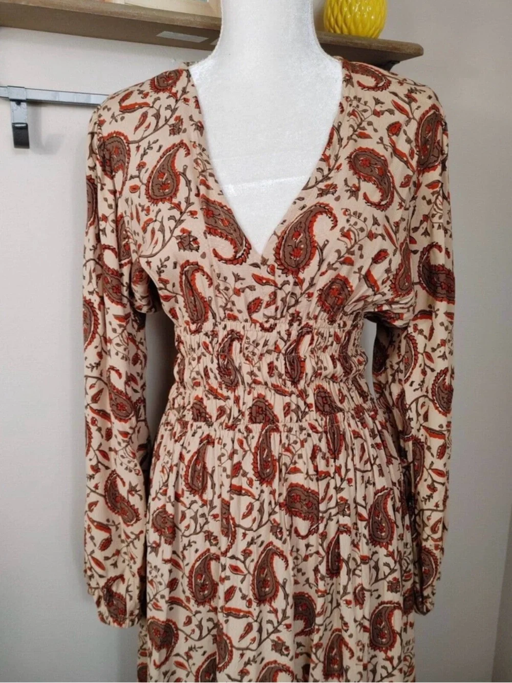 Anthropologie Brown Paisley V-Neck Midi Dress